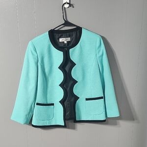 Kasper Turquoise Scalloped Blazer with Black Trim